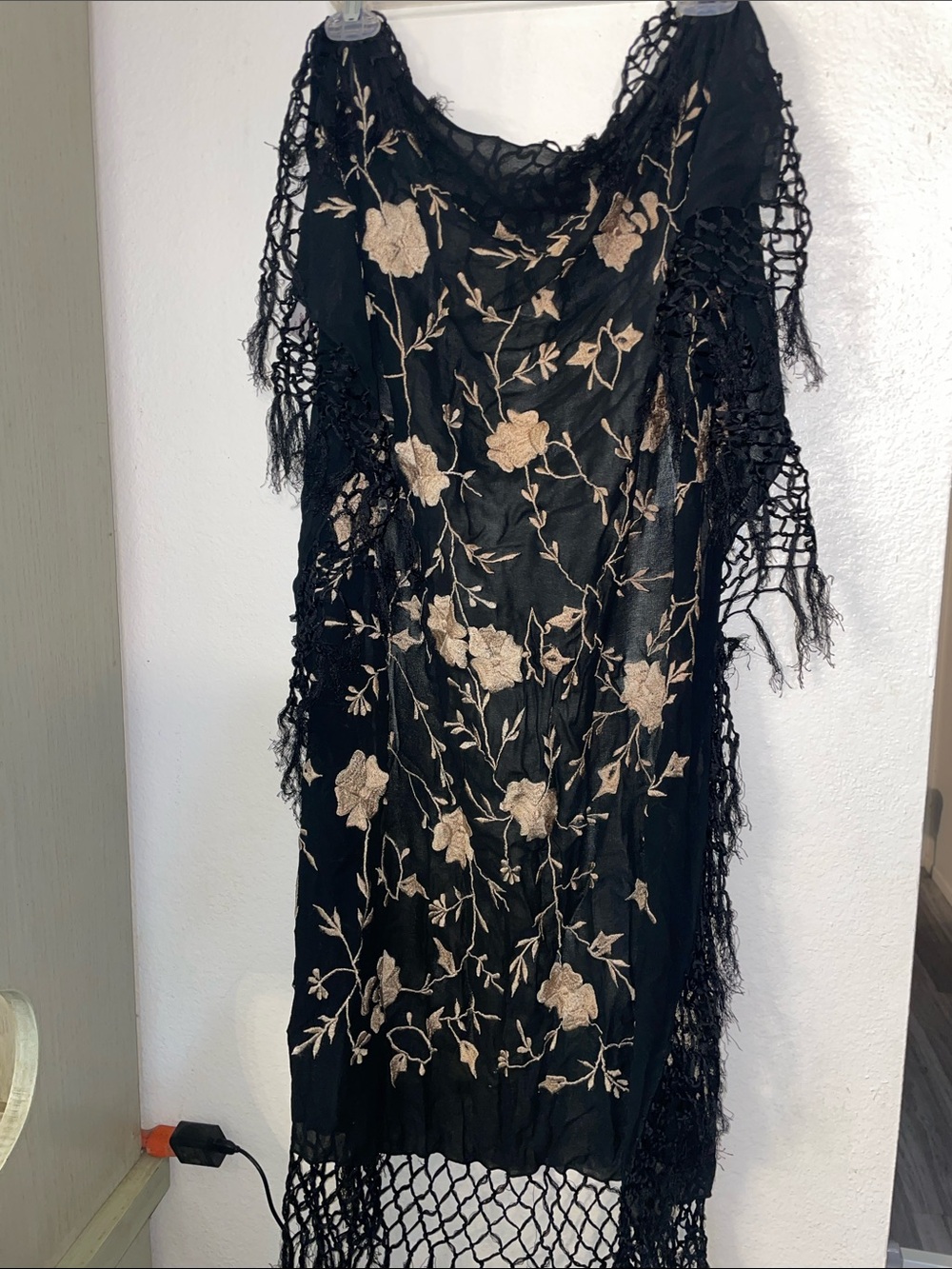 Black Floral Embroidered Shawl Wrap with Beige Floral Detail